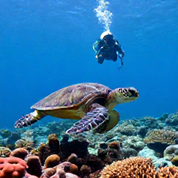 Caribbean Holidays, July Scuba Diving, A sea turtle swimming above coral and sponges on a British Virgin Islands reef, viewed by a scuba diver