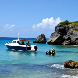 Caribbean Holidays, July Scuba Diving, A small dive boat beside rocky British Virgin Islands scenery, with divers preparing equipment under a sunny July sky
