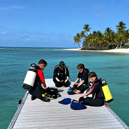 Caribbean Holidays, July Scuba Diving, A small group of divers preparing equipment on a sunny Caribbean jetty with calm sea and palm-fringed coastline