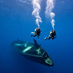 Caribbean Holidays, July Scuba Diving, Divers descending beside a sunken shipwreck in calm blue water near Aruba