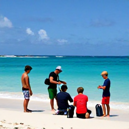 Caribbean Holidays, July Scuba Diving, Friendly dive instructor preparing equipment with holidaymakers beside a Caribbean beach on Saint Kitts