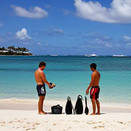Caribbean Holidays, July Scuba Diving, Friendly dive instructors preparing equipment beside a turquoise beach in Saint Barth&eacute;lemy during July