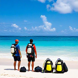 Caribbean Holidays, July Scuba Diving, Friendly dive instructors preparing scuba equipment beside a sunny Aruba beach