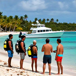 Caribbean Holidays, July Scuba Diving, Friendly scuba diving instructor preparing guests beside a tropical beach in the Dominican Republic, dive boat and palm trees in the background