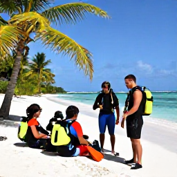 Caribbean Holidays, July Scuba Diving, Friendly scuba diving instructor preparing guests with equipment beside a palm-fringed beach in Tobago