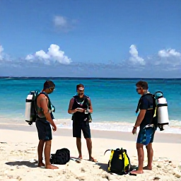 Caribbean Holidays, July Scuba Diving, Friendly scuba diving instructors preparing equipment beside a beach on Sint Maarten in bright Caribbean sunshine