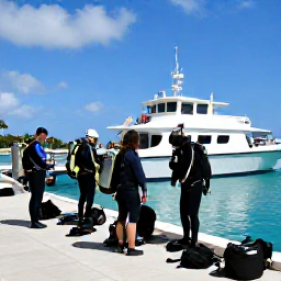 Caribbean Holidays, July Scuba Diving, Group of scuba divers preparing equipment beside a dive boat at a tropical marina in Providenciales, Turks and Caicos