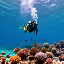 Caribbean Holidays, July Scuba Diving, Scuba diver descending above a healthy coral reef off Punta Cana, clear turquoise water and schools of tropical fish