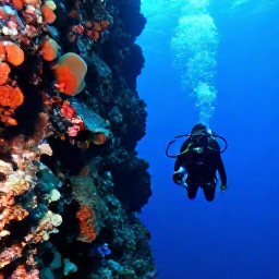 Caribbean Holidays, July Scuba Diving, Scuba diver descending beside a dramatic underwater wall into deep blue water near Grand Turk, Turks and Caicos