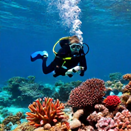 Caribbean Holidays, July Scuba Diving, Scuba diver exploring a colourful coral reef in clear tropical water off Aruba in July