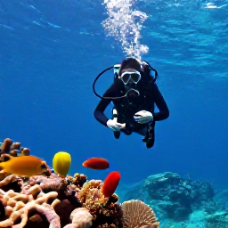 Caribbean Holidays, July Scuba Diving, Scuba diver photographing colourful reef fish and coral near Saint Barth&eacute;lemy, with sunlight filtering through clear water