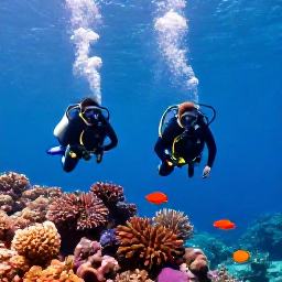 Caribbean Holidays, July Scuba Diving, Scuba divers exploring a colourful coral reef in clear blue water off Tobago