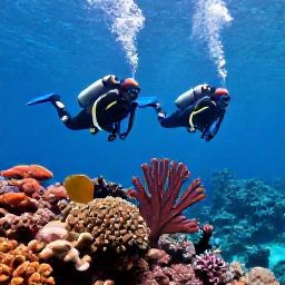 Caribbean Holidays, July Scuba Diving, Scuba divers gliding above a colourful Caribbean coral reef with tropical fish, sea fans and clear blue water