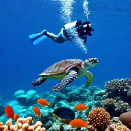 Caribbean Holidays, July Scuba Diving, Sea turtle swimming above coral reef with colourful fish and a scuba diver in the Turks and Caicos Islands
