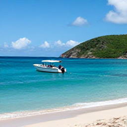 Caribbean Holidays, July Scuba Diving, Small dive boat leaving a sandy Saint Barth&eacute;lemy bay on a sunny July morning, with turquoise water and green hills