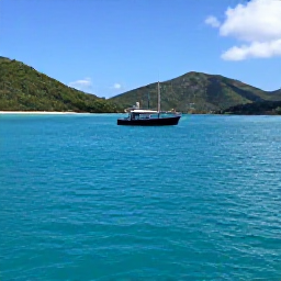 Caribbean Holidays, July Scuba Diving, Small dive boat travelling across calm turquoise water towards a reef near Saint Martin, with green hills in the background