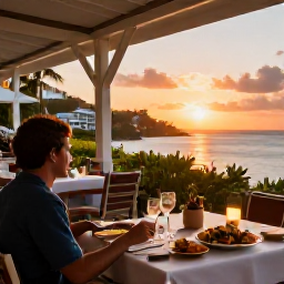 Caribbean Holidays, July Solo Holidays, A solo traveller dining at a welcoming outdoor restaurant in Grand Case, Saint Martin, with Caribbean food and a sunset view