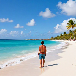 Caribbean Holidays, July Solo Holidays, A solo traveller enjoying a bright Caribbean beach in Saint Martin or Sint Maarten during July, with turquoise water, soft sand and palm trees