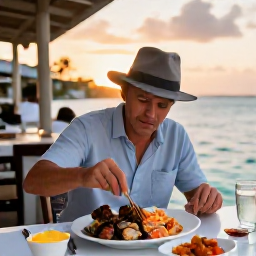 Caribbean Holidays, July Solo Holidays, A solo traveller enjoying fresh seafood at a relaxed waterfront restaurant in Providenciales at sunset
