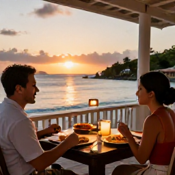 Caribbean Holidays, July Solo Holidays, Solo traveller dining at a relaxed seaside restaurant in Saint Vincent and the Grenadines at sunset, local Caribbean food