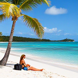 Caribbean Holidays, July Solo Holidays, Solo traveller relaxing on a sunny Caribbean beach in the United States Virgin Islands, turquoise water, palm trees and a small travel bag nearby