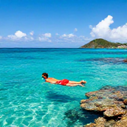 Caribbean Holidays, July Solo Holidays, Solo traveller snorkelling in clear turquoise water beside a coral reef in the United States Virgin Islands, tropical fish and sunny sea