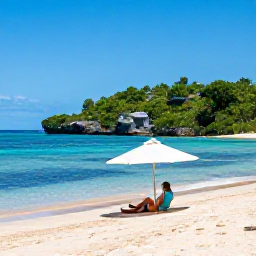 Caribbean Holidays, July Spa Breaks, A bright Caribbean beach in July with a traveller relaxing under a parasol, calm water, soft sand and lush island scenery