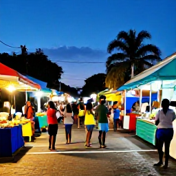 Caribbean Holidays, July Spa Breaks, A colourful evening street scene in Trinidad with local food stalls, music and friendly visitors enjoying Caribbean culture
