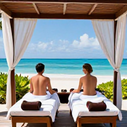 Caribbean Holidays, July Spa Breaks, A couple enjoying a beachfront spa treatment beneath a shaded cabana, with tropical greenery and the Caribbean sea in the background