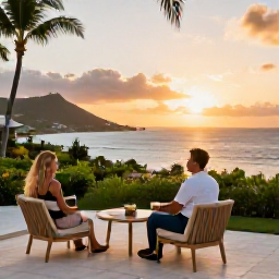 Caribbean Holidays, July Spa Breaks, A couple enjoying a peaceful luxury hotel terrace on Saint Barth&eacute;lemy at sunset, with tropical greenery and a calm Caribbean sea