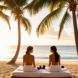 Caribbean Holidays, July Spa Breaks, A couple enjoying a peaceful outdoor spa treatment beside a Caribbean beach in July, surrounded by palms and warm golden sunlight