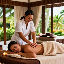 Caribbean Holidays, July Spa Breaks, A couple enjoying a relaxing spa massage in a tropical Caribbean resort, with soft towels, candles and views of green island gardens