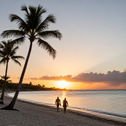 Caribbean Holidays, July Spa Breaks, A couple walking along a quiet sandy beach at sunset on Saint Martin, with palm trees and calm Caribbean water