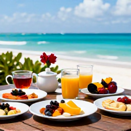 Caribbean Holidays, July Spa Breaks, A healthy Caribbean breakfast with fresh tropical fruit, herbal tea and light dishes on a shaded terrace overlooking the sea