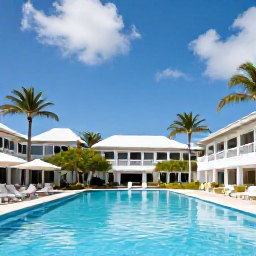Caribbean Holidays, July Spa Breaks, A peaceful luxury spa hotel on Saint Martin and Sint Maarten, with a palm-lined pool and bright Caribbean sky in July