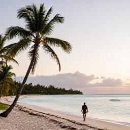Caribbean Holidays, July Spa Breaks, A peaceful Tobago beach at sunrise with palm trees, calm turquoise water and a person walking along the sand