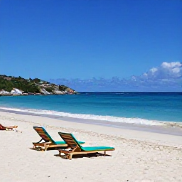 Caribbean Holidays, July Spa Breaks, A quiet sandy beach on Saint Barth&eacute;lemy with sun loungers, turquoise water, rocky headlands and a couple relaxing in July
