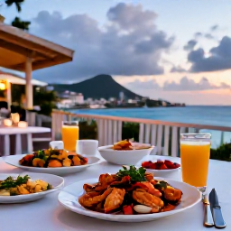 Caribbean Holidays, July Spa Breaks, A relaxed Caribbean restaurant terrace at dusk, serving fresh seafood and colourful local dishes on Saint Martin