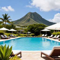 Caribbean Holidays, July Spa Breaks, A serene Caribbean resort pool with sun loungers, tropical gardens and a view towards green volcanic hills on Saint Kitts