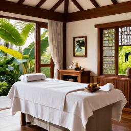 Caribbean Holidays, July Spa Breaks, A serene Saint Barth&eacute;lemy spa treatment room with natural wood, white linens, tropical plants and soft afternoon light