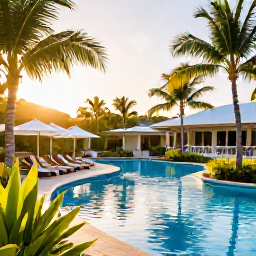 Caribbean Holidays, July Spa Breaks, A stylish Caribbean resort pool surrounded by palms and tropical plants in warm July sunshine