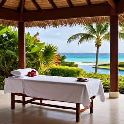 Caribbean Holidays, July Spa Breaks, A tranquil Caribbean spa resort in July, with a treatment room, tropical greenery and glimpses of the sea on Saint Martin