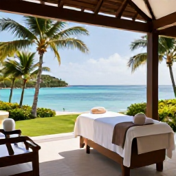Caribbean Holidays, July Spa Breaks, A tranquil Caribbean spa resort in July, with palm trees, a calm turquoise sea and elegant treatment rooms