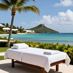 Caribbean Holidays, July Spa Breaks, A tranquil luxury spa overlooking a turquoise Caribbean bay on Saint Barth&eacute;lemy, with treatment beds, palms and bright July sunshine