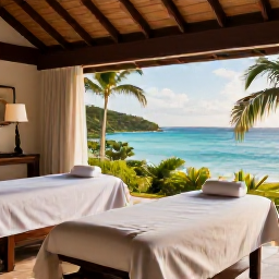 Caribbean Holidays, July Spa Breaks, A tranquil luxury spa overlooking the turquoise Caribbean Sea on Saint Kitts, with treatment beds, tropical greenery and soft morning light