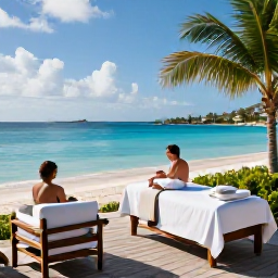 Caribbean Holidays, July Spa Breaks, A tranquil luxury spa overlooking turquoise Caribbean water on a sunny British Virgin Islands island, with treatment beds, palms and a relaxed couple