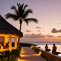 Caribbean Holidays, July Spa Breaks, An elegant Caribbean resort spa at sunset, with lit pathways, palm silhouettes and a couple relaxing near an infinity pool