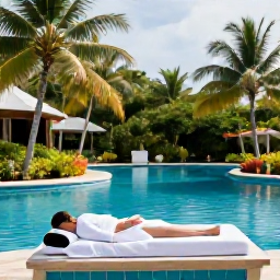 Caribbean Holidays, July Spa Breaks, An open-air Caribbean spa treatment beside a calm turquoise pool, surrounded by palm trees and tropical plants in July