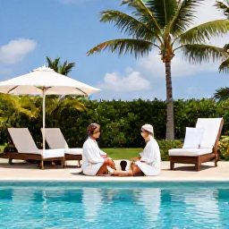 Caribbean Holidays, July Spa Breaks, Couple enjoying a peaceful spa day beside a Barbados swimming pool, with robes, tropical gardens and blue sky