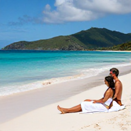 Caribbean Holidays, July Spa Breaks, Couple relaxing beside a quiet Caribbean beach after a spa treatment, with turquoise water, white sand and green hills in the British Virgin Islands